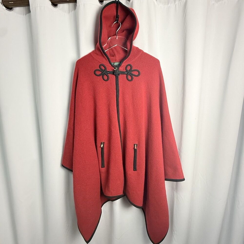 Lauren Ralph Lauren Vintage Red Lambswool Knit Hooded Poncho Cape Sz L/XL